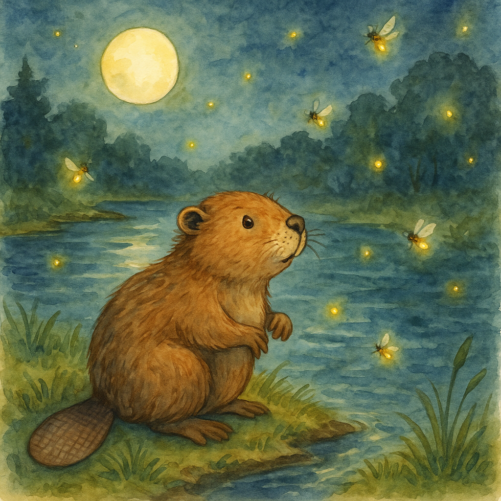 달빛 강가의 비버 일러스트